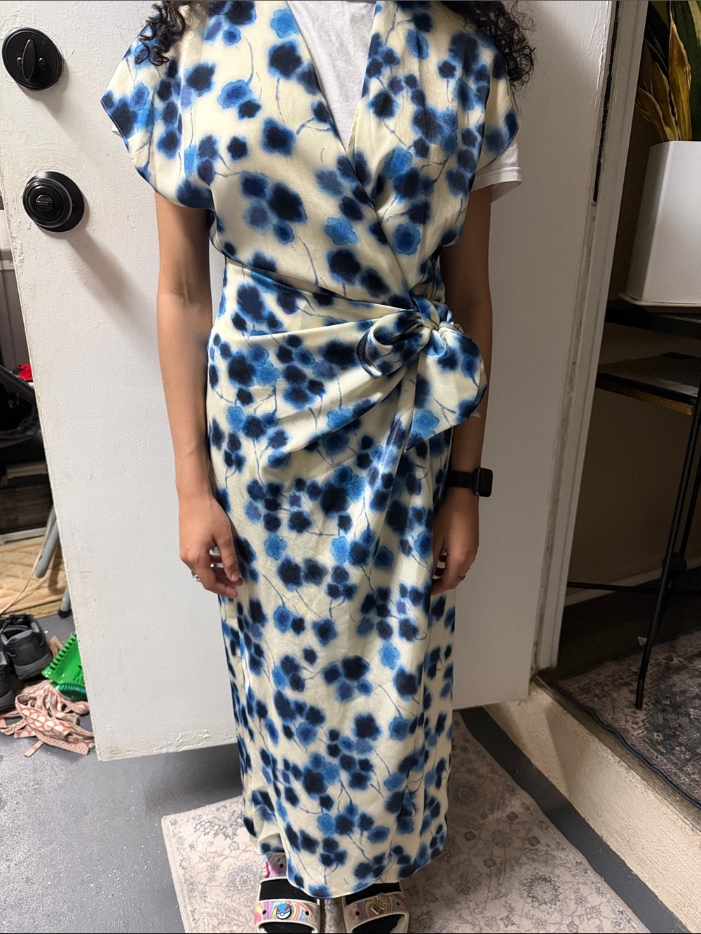 Zara Blue and Cream Floral Wrap Maxi with Side Tie
